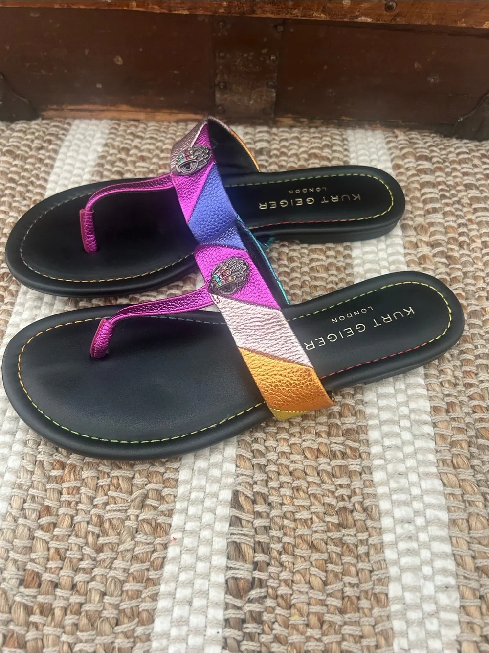 Kurt Geiger Multicolor Metallic Toe-Post Sandals in Pink, Purple & Gold